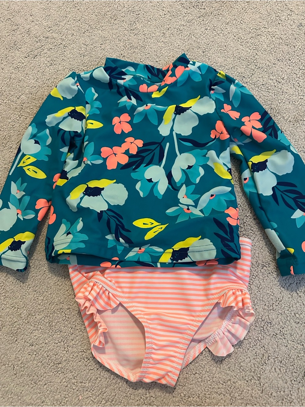 Carter's Teal Floral Long-Sleeve Rashguard with Coral Stripe Bottoms